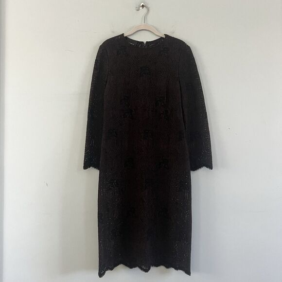 Akris Brown Silk Blend Long Sleeve Leaves Knit Crochet Shift Dress - Picture 1 of 6